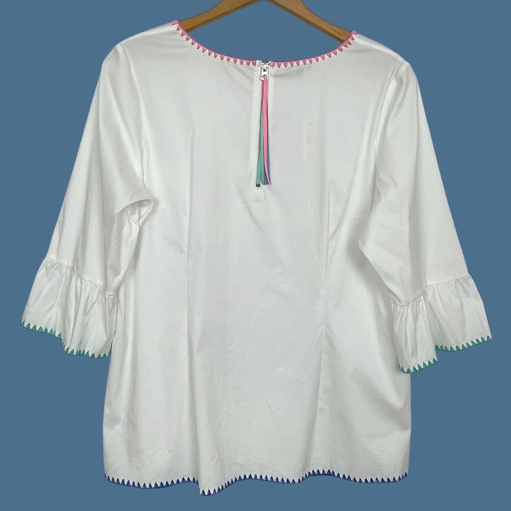 Talbots Womens White‎ Embroidered Ruffle Bell Sleeve Top 1X 3/4 Sleeve Coastal - Picture 3 of 8